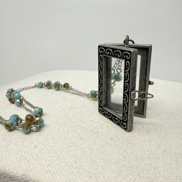 Glass Case Locket Pendant Necklace Long Chain Aurora Borealis Faceted Beads Silv - Picture 1 of 14